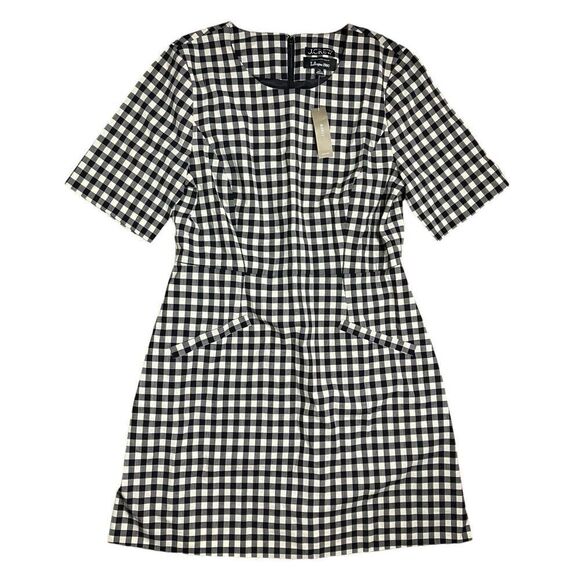 J Crew Dress WMNS 12 Cream Gingham Wool Blend Short-sleeve Mini Pockets Black - Picture 2 of 14